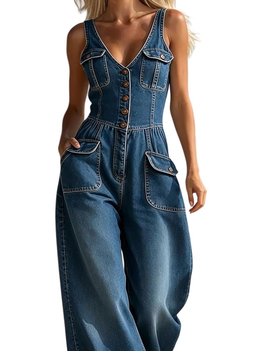 Sleeveless Dark Blue Denim Jumpsuit Jeans with Button Front